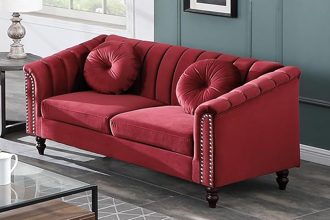 Chesterfield Loveseat Couch 60 Inch Luxurious Velvet Modern Love Seat Chesterfield Settee Sofa Upholstered Rolled Arm with Rivets/2 Button Tufted Pillow 2 Seater Sofa for Living RoomRed