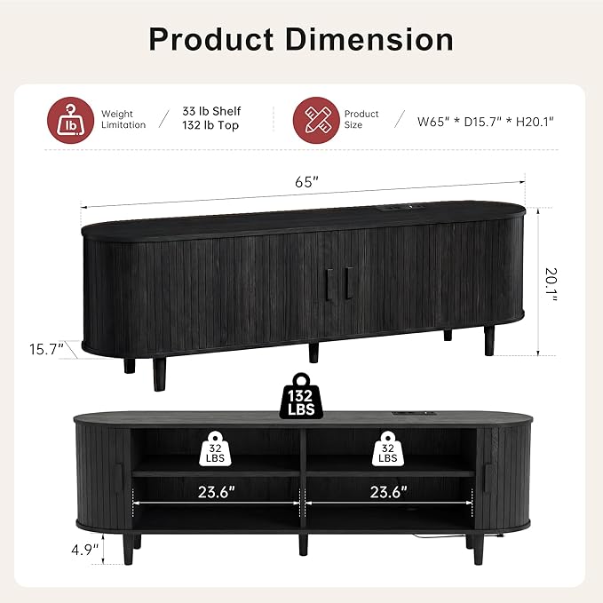 65 Mid Century Modern TV Stand Wood TV Consoles with Sliding Doors and Power Outlet Fluted Entertainment Center with Adjustable Shelves Media Console for Living Room Black