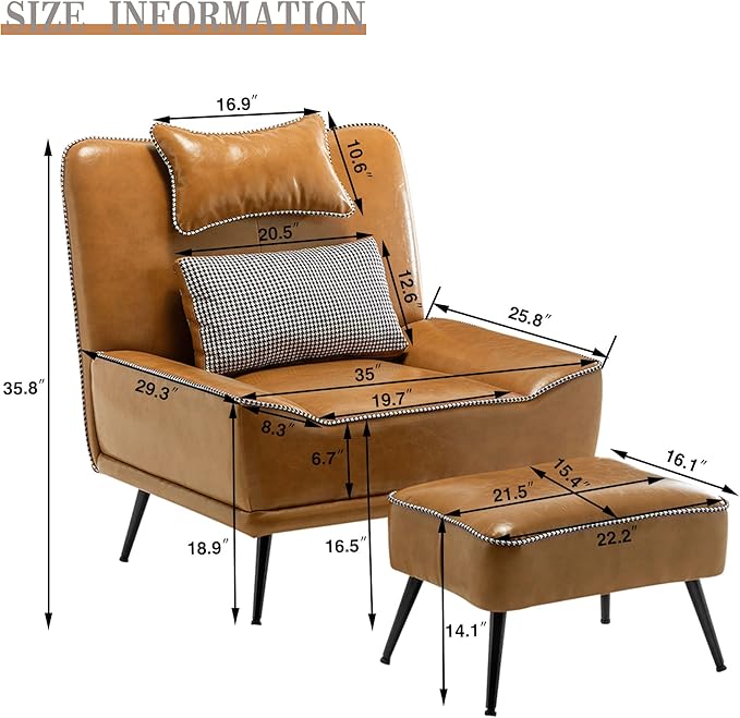 ALISH Modern Accent Chair with Ottoman Upholstered Chair and Ottoman Set Comfort Single Sofa Chair with Removeable Cushion for Living Room Bedroom (PU Brown)