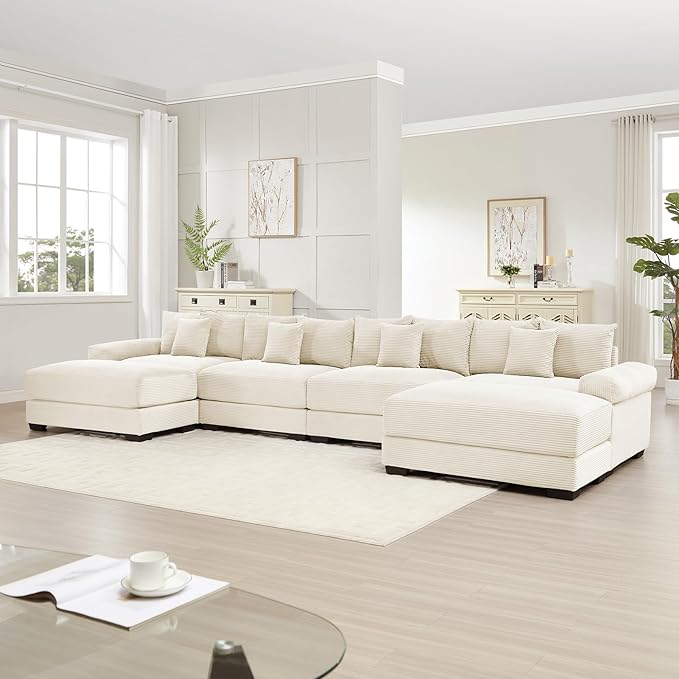 168 Corduroy Sectional Couches for Living Room Beige Comfortable Oversized Sectional Sofa Set with Deep Seat Large 4 Seater with 2 Ottoman Sofas para Sala U Shaped Couch with Chaise Lounge