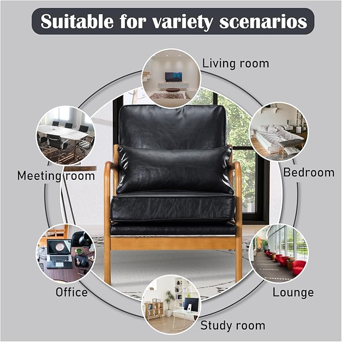 Leather Armchair with Wood Frame Waist Cushion Mid Century Modern Comfortable Single Person Sofa Chair Armrest Reading Accent Chairs for Living Room Bedroom (Black)