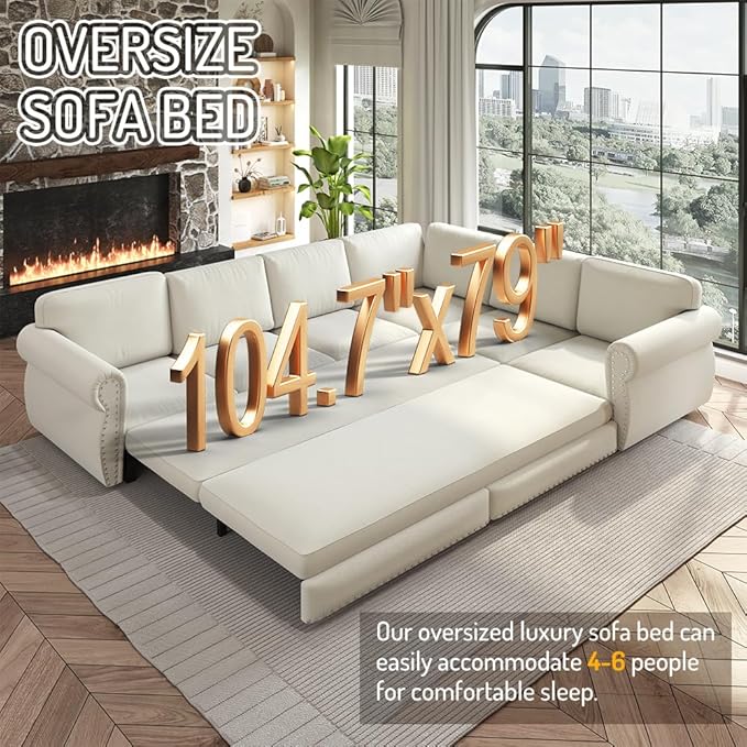 118'' Sleeper Sofa Bed with Pull Out Couch Bed Chenille L Shaped Sectional Sofa with Nailhead Trim &amp Rolled Arm 6 Seater Corner Sectional Couches for Living Room Furniture Beige