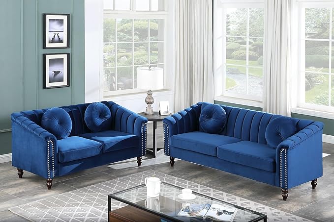 Chesterfield Sofa Set Luxurious Velvet Chesterfield Settee Couch SetSofa and Loveseat SetUpholstered Rolled Arm with Rivets/4 Button Tufted Pillow Modern Sofa Living Room SetBlue