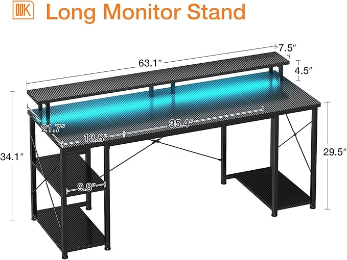 ODK 63 inch Computer Desk with Power Outlets &amp LED Lights Gaming Desk with Monitor Stand &amp Storage Sheves Home Office Desk Carbon Fiber Black