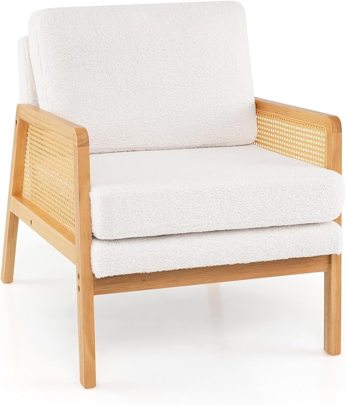 Giantex Mid Century Modern Accent Chair Boho Boucle Living Room Arm Chair w/Rattan Arms Wooden Frame Thick Cushion Pillow Sherpa Reading Side Chair for Bedroom Balcony Natural+Beige