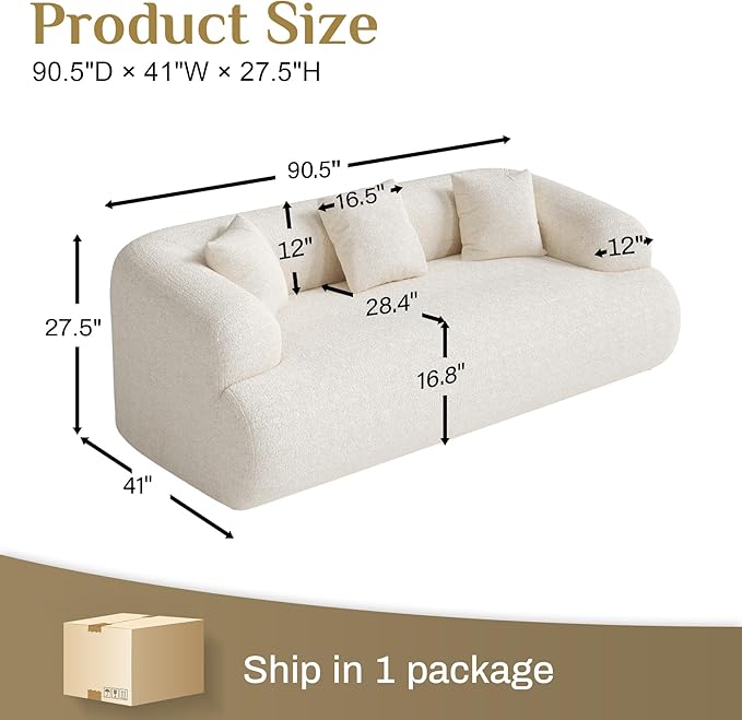 Oversized Sectional Sofa for Living Room Modern Luxury Plush Chenille 3-Seater Extra Deep &amp Wide Seat Curved Cloud Couch with 3 Throw Pillows No Assembly Needed Cream White （91 inch）
