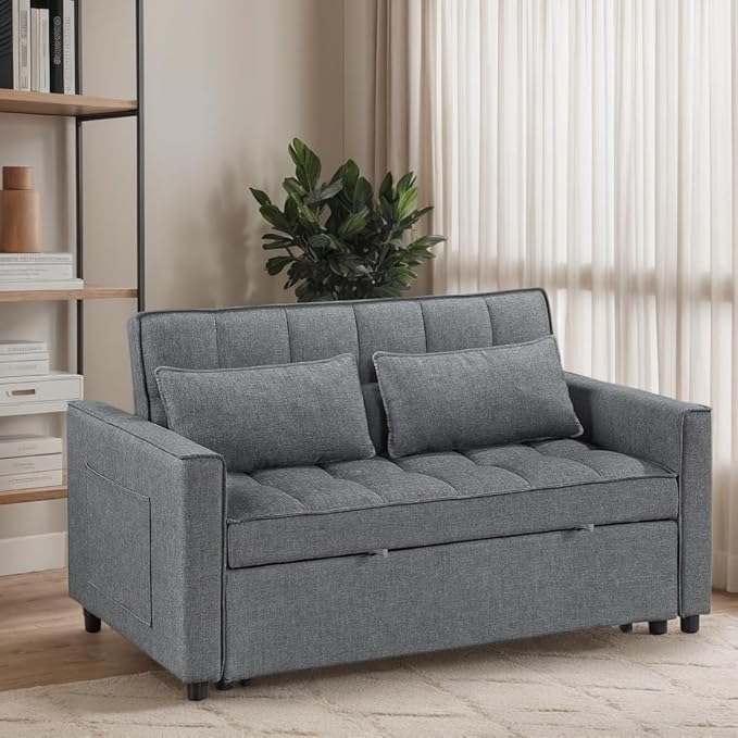 3-in-1 Convertible Loveseat Sofa Bed with Pull Out Bed and Storage Sectional Counch for Living Room Apartment Bedroom Office | Adjustable Backrest | Gray