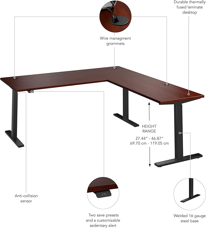 Bush Business Furniture 72-inch Height Adjustable L Shaped Standing Desk Electric Sit-Stand Corner Computer Table Ergonomic Office Move 60 Series Hansen Cherry with Black Base