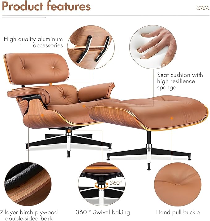 Mid Century Chaise Lounge Chair and Ottoman Reading Chair Leather Accent Chair Modern Chair Classic Design Heavy Duty Base Support for Living Room (Walnut-Brown Upgraded)