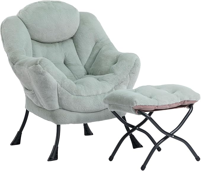 HollyHOME Lazy Chair with Foldable Ottoman Accent Comfy Lounge Armchair and Folding Footrest Stool Leisure Sofa Reading Chair and Footstool for Living Room Bedroom DormFaux Fur Pea Green