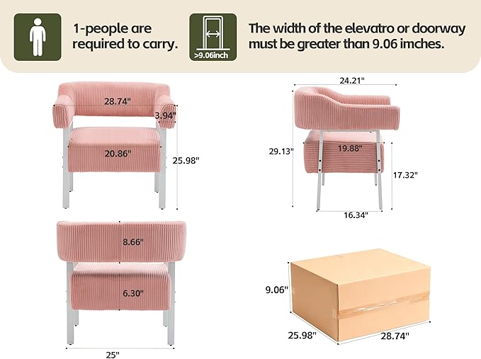 Mistpeople Corduroy Barrel Accent Chair Modern Upholstered Armchair with Metal Legs Cozy Corner Chair for Living Room Bedroom Vanity Office Reading Nook Pink Whiteleg