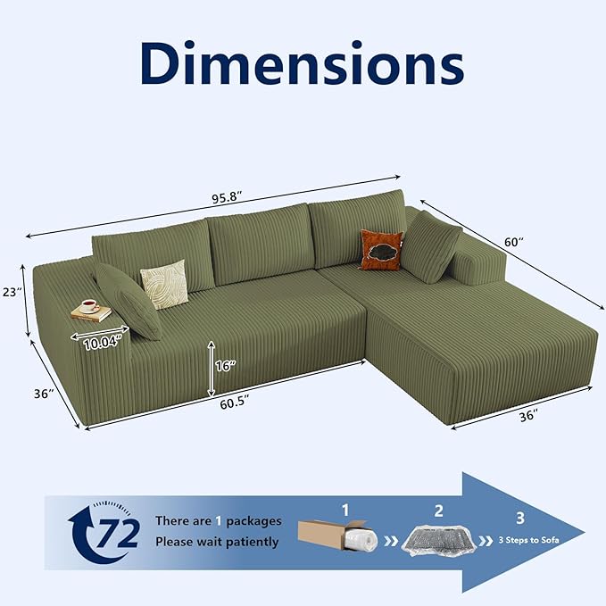 96 Modular Sectional Sofa Modern Corduroy Cloud Couch with Deep Seat Boneless Couch Upholstered 3-Seater L-Shaped Sofa for Living Room No Assembly Required (Green Right-Facing Chaise)