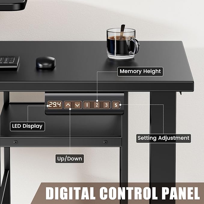 Flycity Electric L Shaped Standing Desk Adjustable Height 67 x 47 Corner Computer Desk with Host Shelf Gaming Desk with LED Lights &amp Power Outlet Dual Motor Home Office Desk with Storage Bla