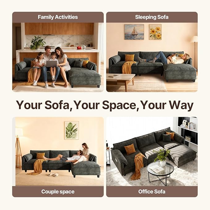 107 L Shaped Modular Sectional Cloud Couch with Pillow Deep Seat Sofa Couches for Living Room 4-Seat Modern Sofa with Movable Ottoman Comfortable Living Room Couch (Grey 107 Inch-L)