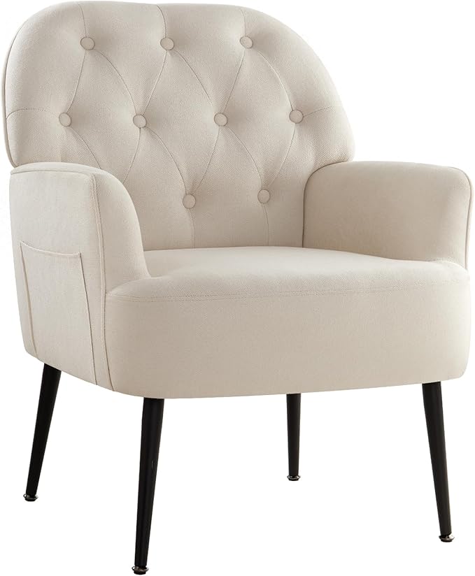 IWMH Accent Chair for Living Room Button Linen Fabric Armchair Single Sofa Chair with Arms Metal Legs Side Corner Chair for Bedroom Reading (Beige)