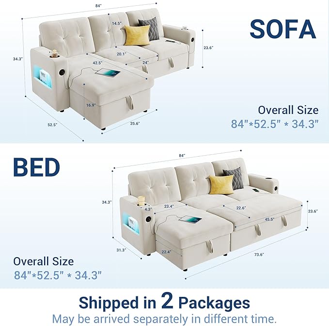 GarveeHome 84 Inch Sleeper Sofa Couch L-Shaped Couches Convertible Pull Out Sofa Bed with Storage Charging Station Led Lights Modern Sectional Sofas for Living Room Apartment Velvet Beige