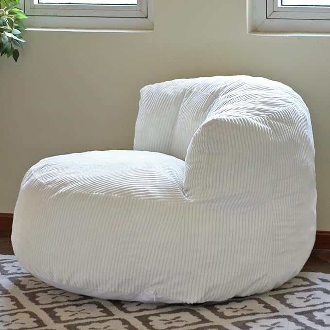 N&ampV Large Crescent Bean Bag Chair Adult Size Bean Bag Sack Foam Filling Soft Premium Corduroy Bean Bag for Living Room Bedroom Dorm and Office (Ivory)