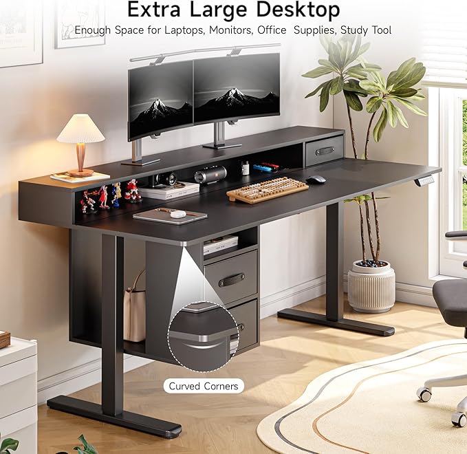 ONBRILL Standing Desk with Drawers 55x24 Inch Electric Stand Up Desk with 3 Drawers and Open Storage Shelf Adjustable Height 28-46 Inches for Home and Computer Workstation Black