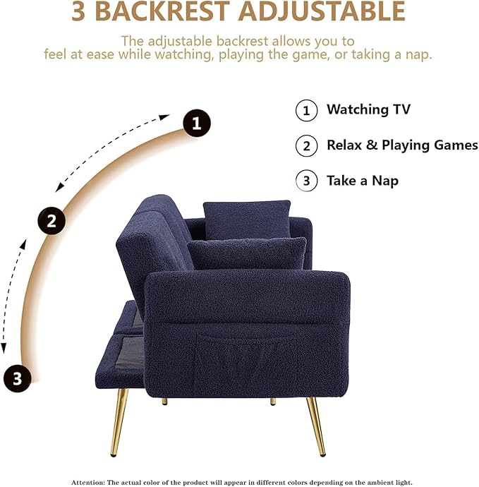 69.5 Convertible Futon Sofa Bed with Adjustable Backrest and Armrests Teddy Upholstered Loveseat Sleeper Couch with 2 Pillows and Metal Legs Love Seat for Guest Room Living Room (Dark Blue)