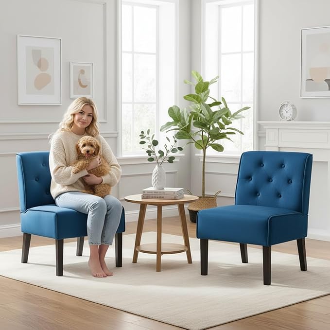 Reeso 2-Piece Living Room Armless Button Tufted Pattern Accent Chair Dark Blue