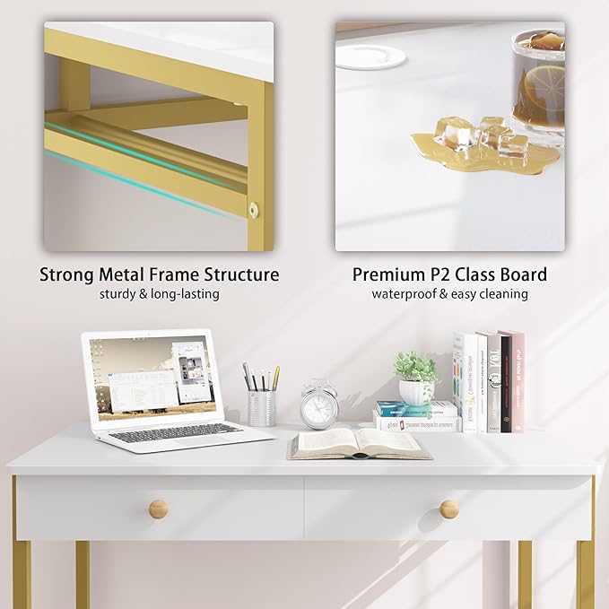 Weehom Computer Desk with Drawers Home Office Desk for Writing Studying and Gaming - Sturdy and Spacious Workstation for PC and Laptop(White and Gold)