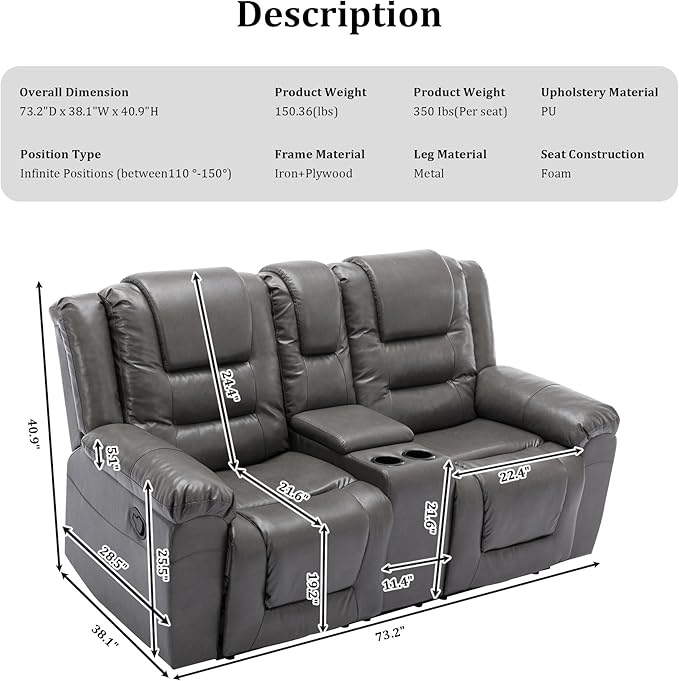 Leather Reclining Sofa SetHome Theater Seating with Center Console Storage Cup Holders 2 Seater for Living RoomOfficeHome TheaterRV. Loveseat(Grey)