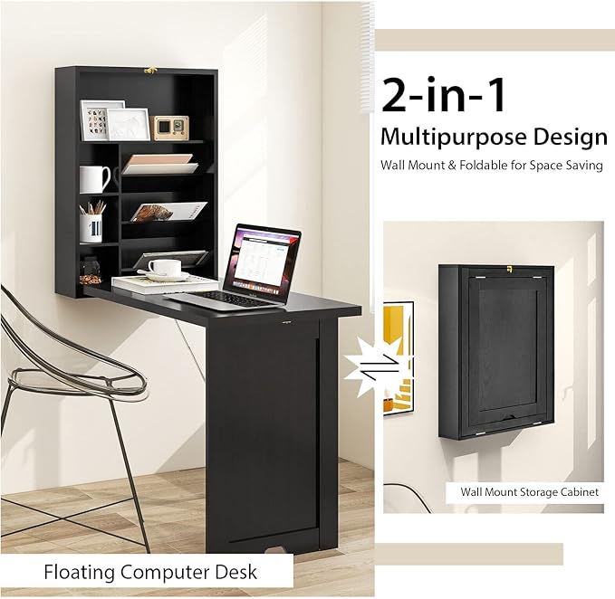 LDAILY LUARANE Wall Mounted Table Foldable Multiple-Purpose Desk Fold Out Wood Convertible Writing Desk Bookshelf Cabinet Large Storage Space Ideal for Home Office Study (Black)