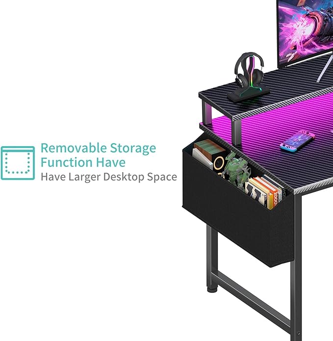 Lufeiya Gaming Desk with Power Outlets and LED Lights 40 Inch Gamer Desk Table with Charging Station Home Office Computer Desks with Monitor Black