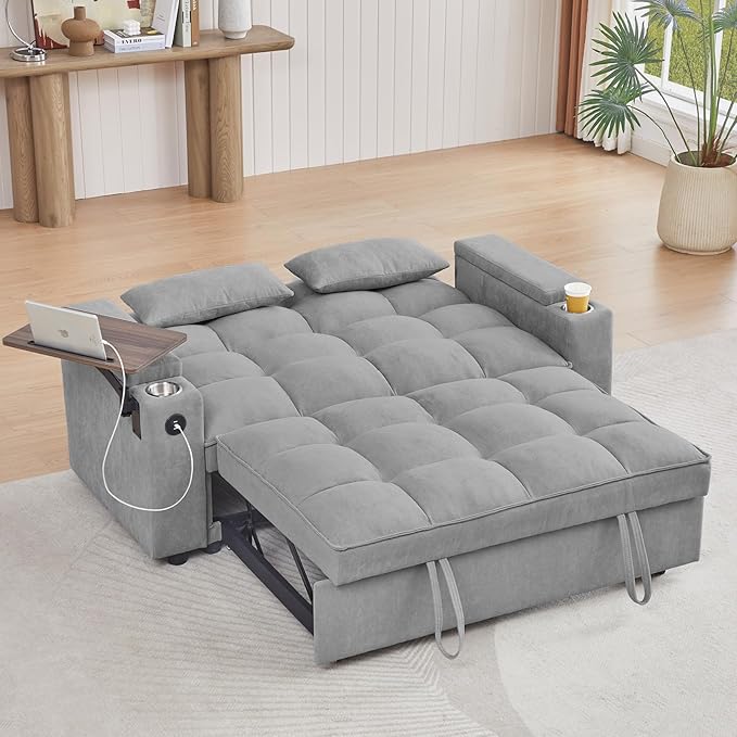 65'' 3-in-1 Folding Convertible Sofa Bed Queen Size Pullout Sofa Modern Chenille Fabric 360° Swivel Side Table Easy Assembly Perfect for Living Room