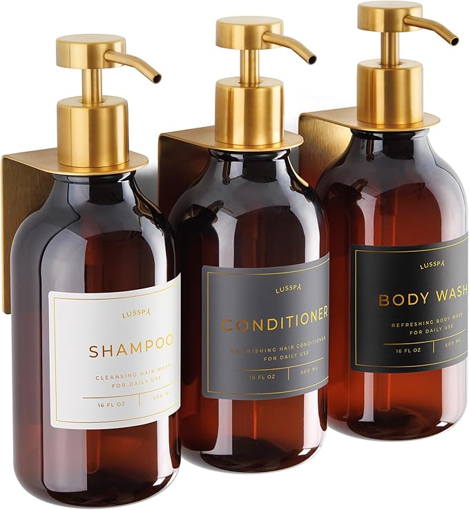 Shower Shampoo Dispenser Wall Mounted – 3 Refillable 16.9 oz Amber Bottles with Stainless Steel Pumps &amp No-Drill Adhesive Holders – Soap Dispenser Set for Bathroom (3 X Amber/Gold)
