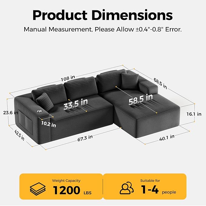 108” Cloud Sectional Couch Modern Modular Sectional Sofa with Deep Seat Corduroy Boneless Couches with Chaise L-Shaped Sofa for Living Room 4 Storage Pockets (Right Facing Chaise Grey)