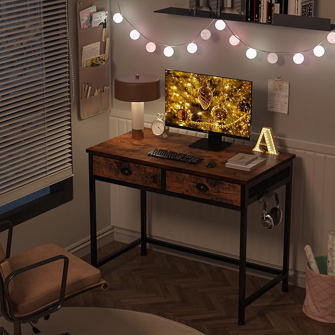 Furologee Small Computer Desk with 2 Fabric Drawers for Bedroom34 Inch Home Office Writing Desk Vanity Desk with Hooks Simple Study Desk for Small Spaces Makeup Dressing Table Rustic Brown