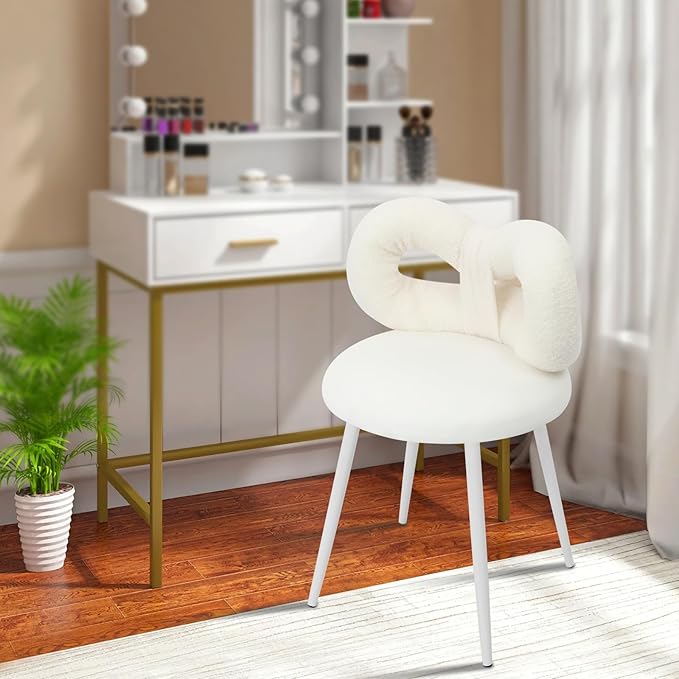 Vanity Chair with Cute Bow Backrest Creamy White Make-up Chair Bedroom Vanity Stool Armless Dressing Chair Small Upholstered Accent Chair Desk Chair for Makeup/Reading/Living Room Girls Women Kids