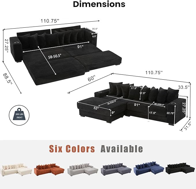111 Inch Sleeper Sofa Bed | Convertible Cloud Sectional Couches for Living Room | L-Shaped Couch with Cup Holder Side Pocket 8 Pillpws | Black