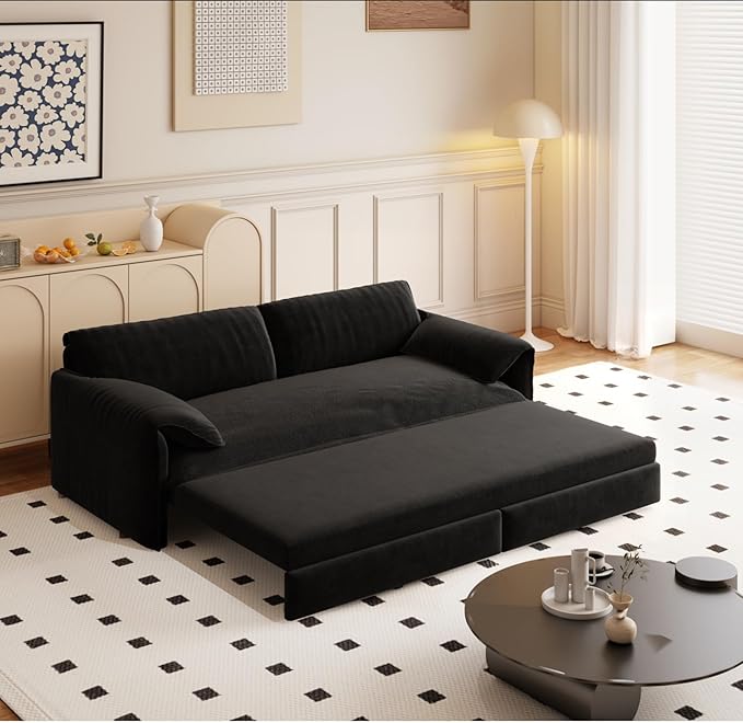 66 Queen Pull Out Sofa Bed 3-in-1 Convertible Sleeper Sofa with Side StorageMulti-Functional Velvet Loveseat Bed for Living RoomBedroomApartmentOffice (Black 66)