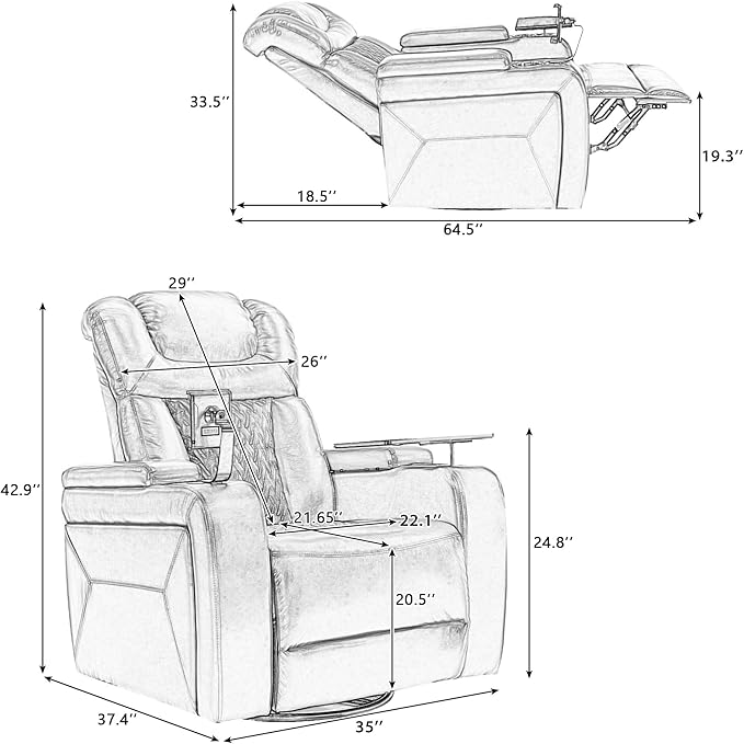 270 Degree Swivel Chair PU Leather Power Recliner Individual Seat with Comforable Backrest Tray Table Phone Holder Cup Holder USB Port Hidden Arm Storage for Living Room Home Theater Black