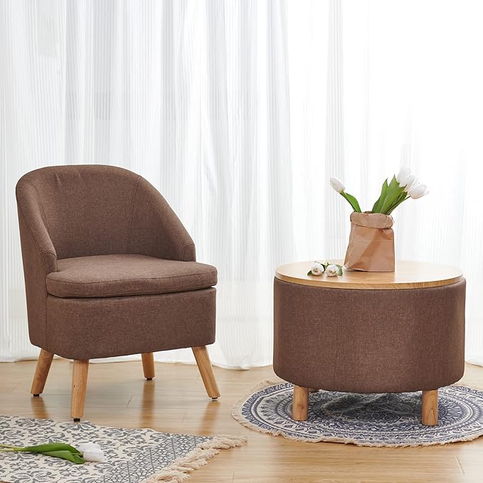 Cute Upholstered Accent Club Coffee Chair with Barrel Style Cotton Linen Like Fabric Round Single Sofa for Wooden Leg Living Room Bedroom Large