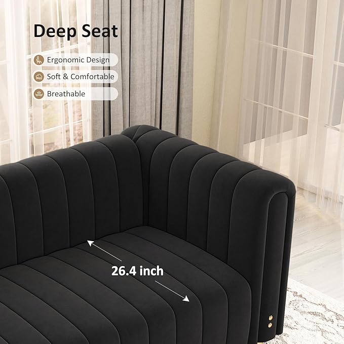 81 W Tufted Velvet CouchModern Velvet Sofa with Round Handrails and Metal Legs for Living Room Office Apartment (1 Black)