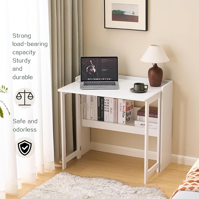 Foldable DeskFolding Table with Storage Shelf32.6 Inch Fold Out Computer Desk for Small SpacesWriting Desk for Bedroom Home Office Dorm and Apartment (White)