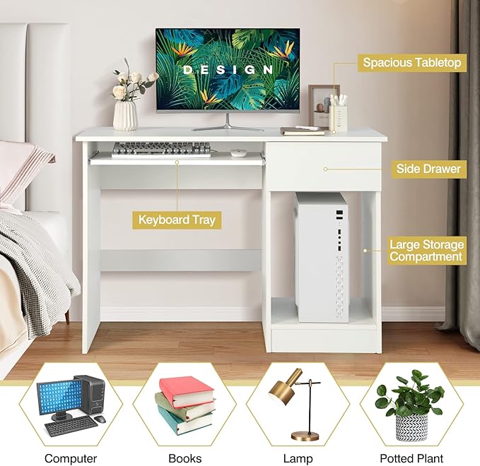 Computer Desk with Keyboard Tray and Drawer Home Office Desk with Adjustable Shelves &amp Cable Hole Modern Vanity Table for Bedroom Teens Gaming Desk Writing Study Workstation (White)