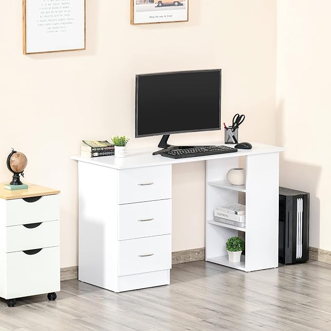 47-inch Computer Gaming Desk with Bookcase Combo Home Office Desks with 3 Drawers and Storage Shelf Wood Craft Study Table Workstation for BedroomWhite