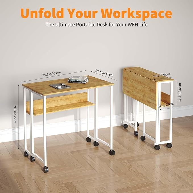24.8 Folding Rolling Desk with Storage Shelf Small Foldable Computer Table on Wheels for Home Office &amp Small Spaces Portable Workstation with Brakes Oak