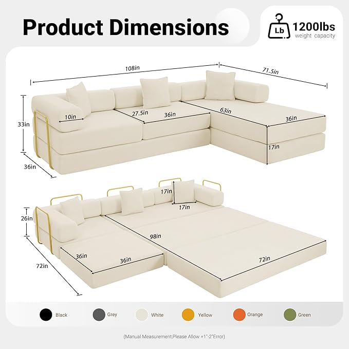 108'' Modular Sectional Sofa Bed Convertible Folding Sofa Bed with Removable Backres Boneless Cloud Couch with Deep Seat Modern Fold-Out Futon Couch Bed for Living Room No Assembly RequiredBeige