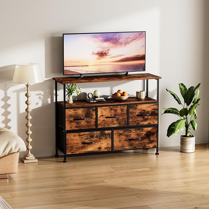Simple Deluxe TV Stand Dresser for Bedroom Entertainment Center with 5 Fabric Drawers Storage Organizers Units for Living Room Media Console Table with Open Shelf up for 45 TV Rust Wood top
