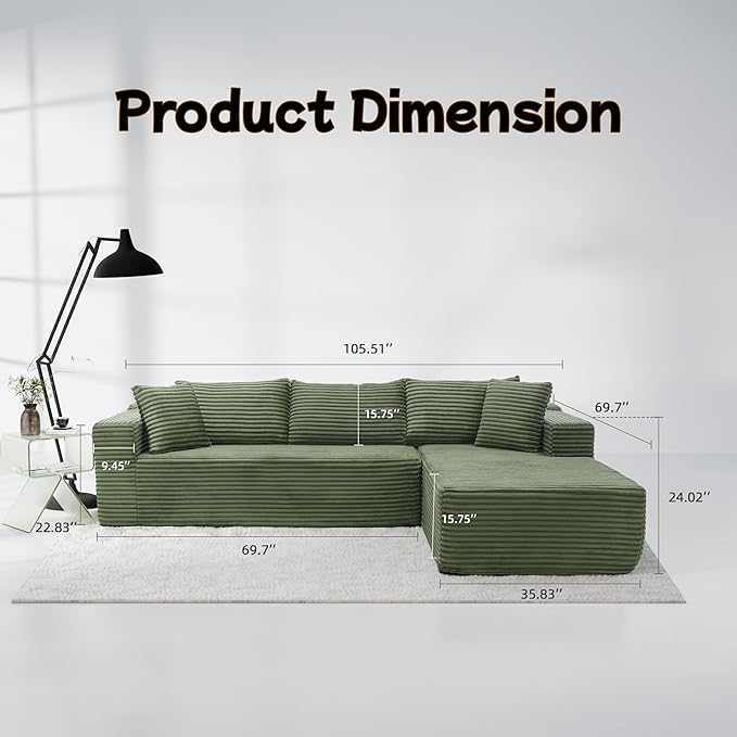 Cloud Sectional Couch 105” Fluffy Modular L-Shape Sofa with Left Chaise Lounge Modular Sectional Sofa in a Box Boneless Couch for Living Room No Assembly Required Flannel Green