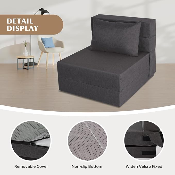 Folding Sofa Bed Foldable Sleeper Chair with Washable Cover Convertible Futon Sofa Bed with Pillow Fold Out Couch for Living Room Dorm Guest Room Single Size Dark Grey