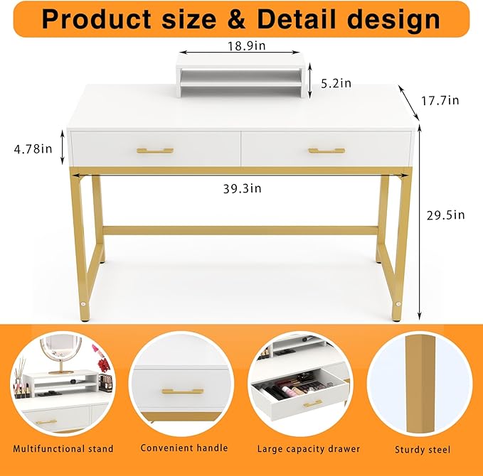 WESTREE Women Makeup Vanity Desk with 2 Drawers - Bedroom Home Office Desk Wooden Height Monitor Stand &amp Storage Shelf Without Mirror White Table Great Gift for Her