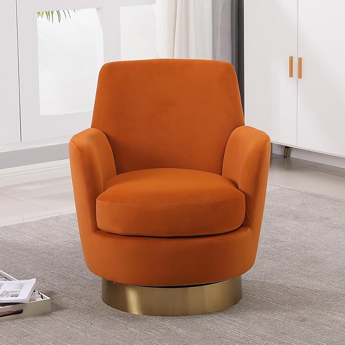 360° Swivel Barrel Accent Chair Comfy Round Accent Chairs with Gold Iron Base &amp Dual-Layer Cushion Modern Lounge Reading Armchair Upholstered Sofa Chair for Living Room Bedroom(Velvet Orange)