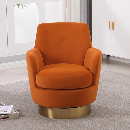 360° Swivel Barrel Accent Chair Comfy Round Accent Chairs with Gold Iron Base &amp Dual-Layer Cushion Modern Lounge Reading Armchair Upholstered Sofa Chair for Living Room Bedroom(Velvet Orange)