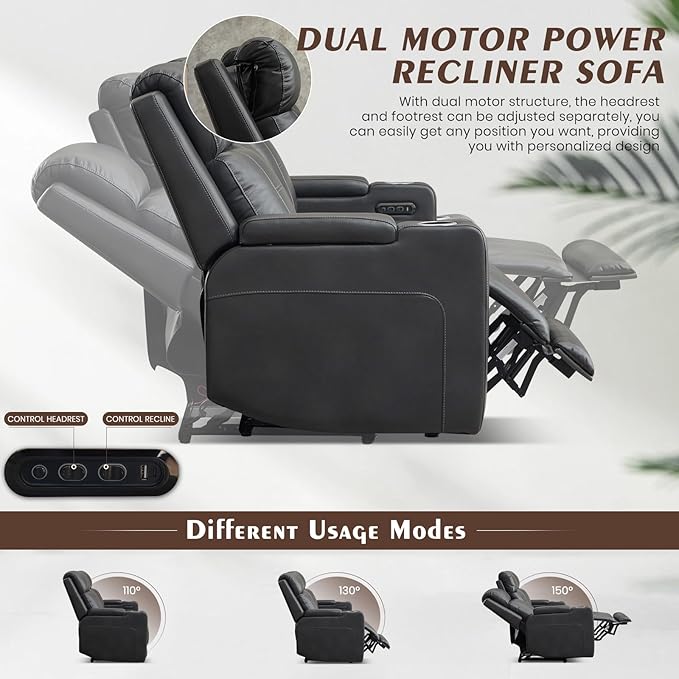 Power Reclining Sofa with Adjustable Headrest/LED Light Electric Reclining Couch with Dual Ports Storage Outlet Power Loveseat Recliner Sofa for Living RoomApartment (Dark Grey 3 Seater)